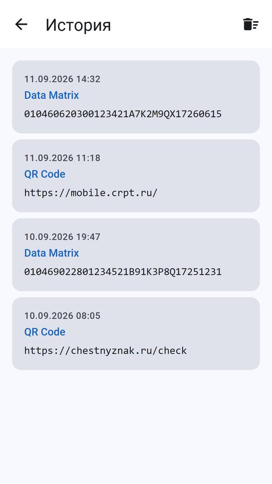 История сканирований: коды Data Matrix и QR с датой и временем